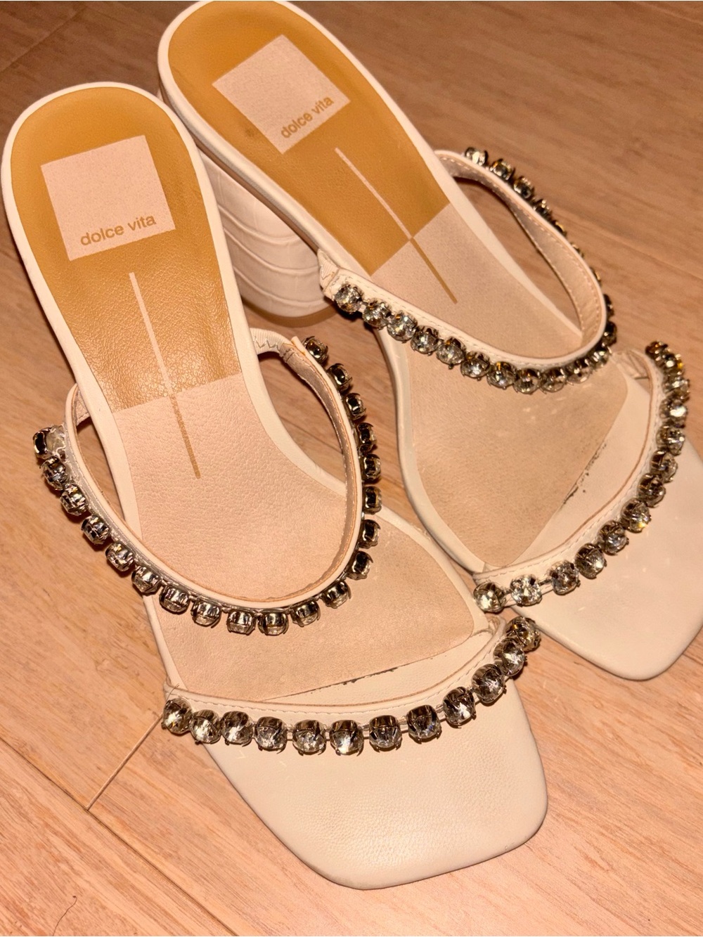 Dolce Vita 7.5 two skinny strap cream & white heels rhinestone embellishments